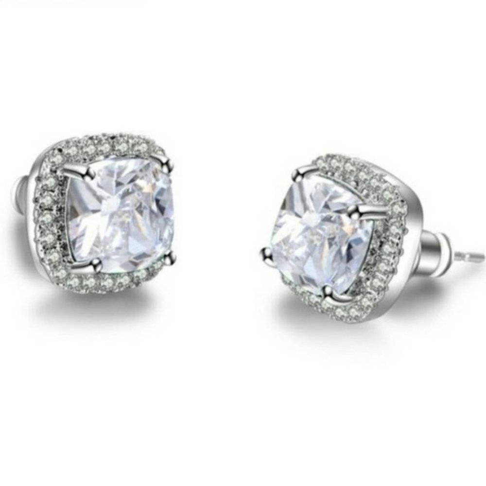 Silver Diamond Halo Cushion Stud Earrings, NEW - Picture 4 of 10